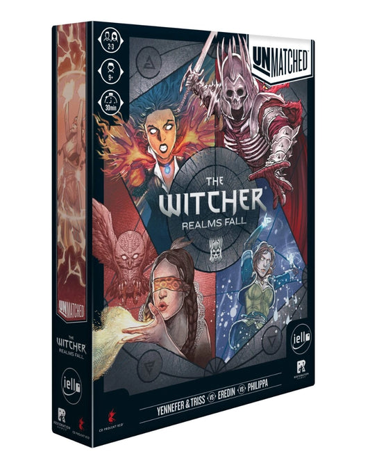 The Witcher: Realms Fall board game box by iello, featuring dark fantasy artwork with multiple illustrated characters and the title 'The Witcher: Realms Fall' on the front.