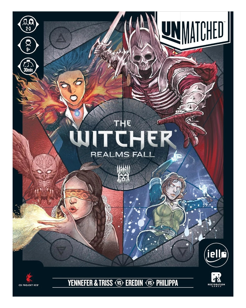 Front cover of the board game The Witcher: Realms Fall, featuring illustrated fantasy characters and the title 'UNMATCHED' at the top on a dark illustrated background.