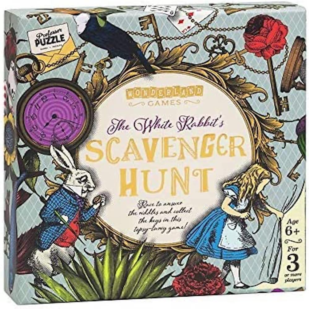Scavenger Hunt game box with Alice in Wonderland theme