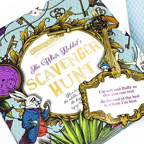 Cover of 'The White Rabbit's Scavenger Hunt' with decorative elements and text.
