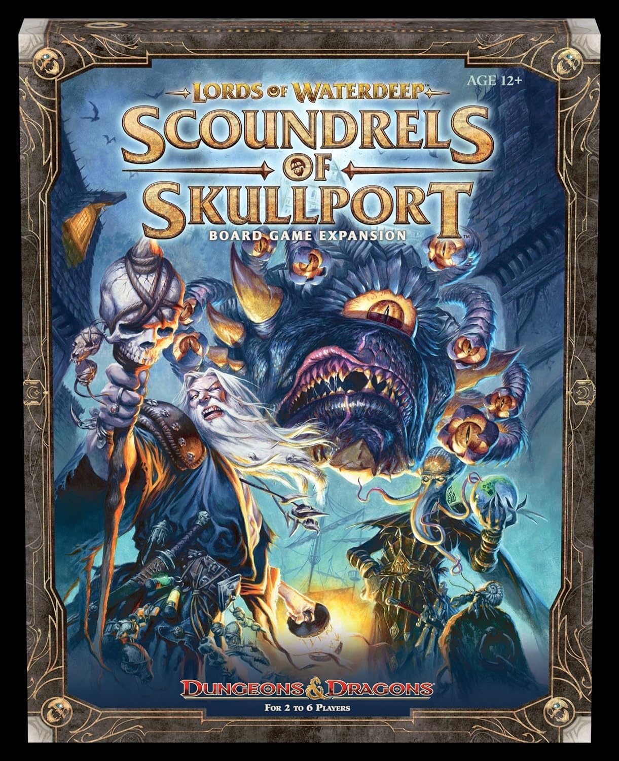 Cover art for the board game expansion 'Scoundrels of Skullport' for the Lords of Waterdeep game, featuring fantasy characters and a dark, intricate illustration.