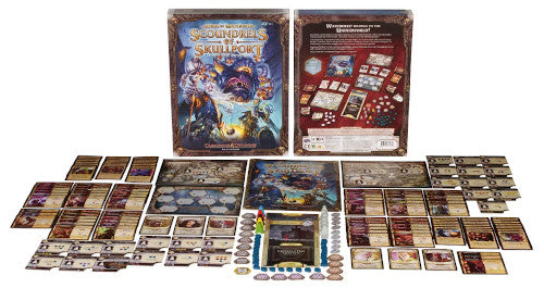 Fantasy game components including cards, board, and box on a white background
