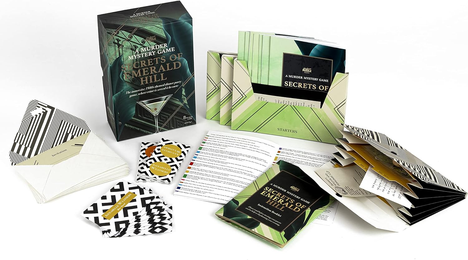 Mystery game set with cards, envelopes, and a box on a white background