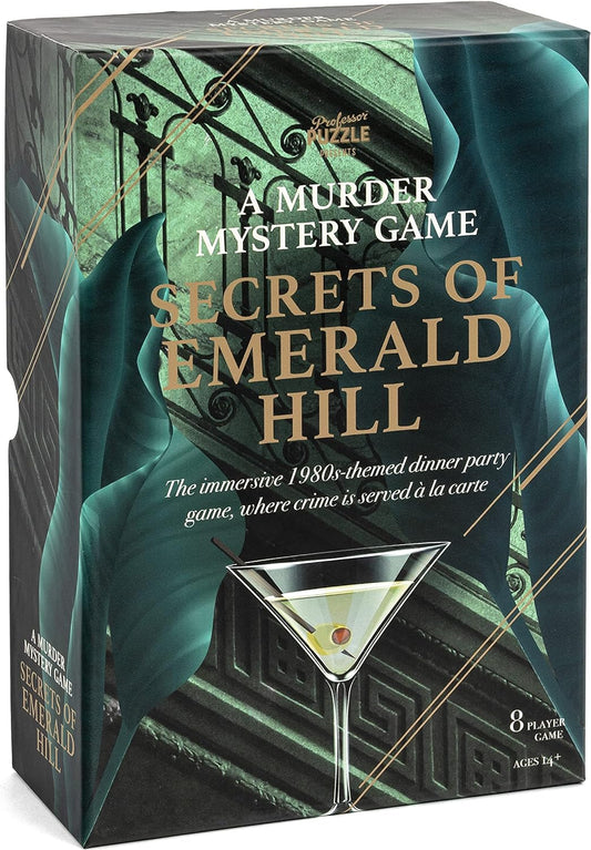 Box for 'Secrets of Emerald Hill' murder mystery game with cocktail illustration