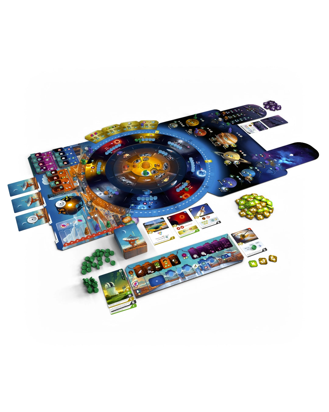 SETI: search for extraterrestrial intelligence board game set arranged on a white background, featuring a large circular space-themed board, multiple illustrated cards, green and gold tokens, small character pieces, and other game components.