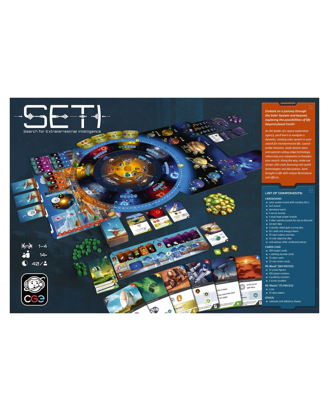 SETI board game box art and contents layout on a dark blue background, showing the circular space-themed board, cards, tokens, and rulebook panels. Visible branding includes the SETI title and the CCG logo.