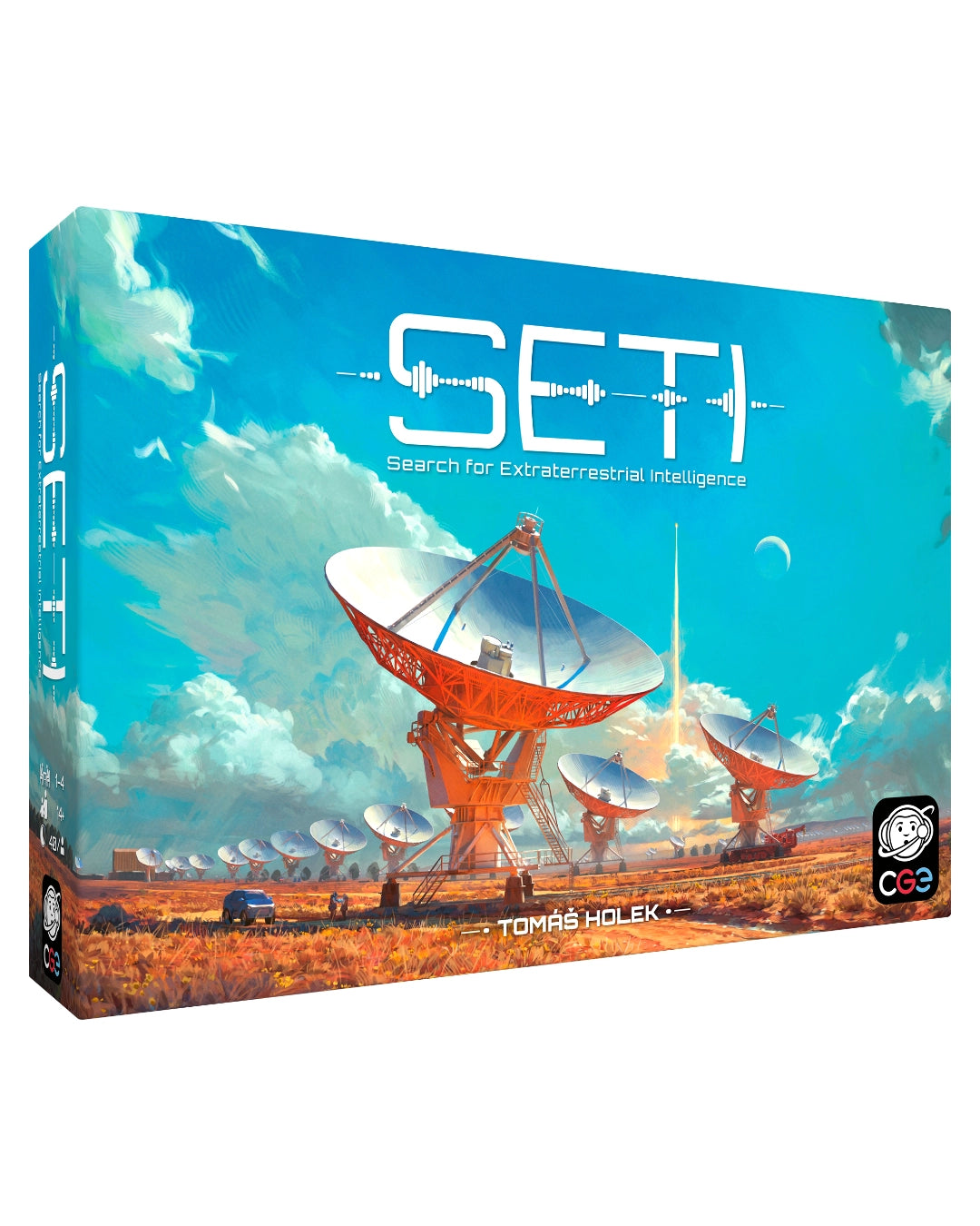 Board game box for SETI: search for extraterrestrial intelligence, featuring a colourful illustration of radio telescopes on a desert landscape under a bright blue sky. The box is shown at a three-quarter angle against a plain white background.