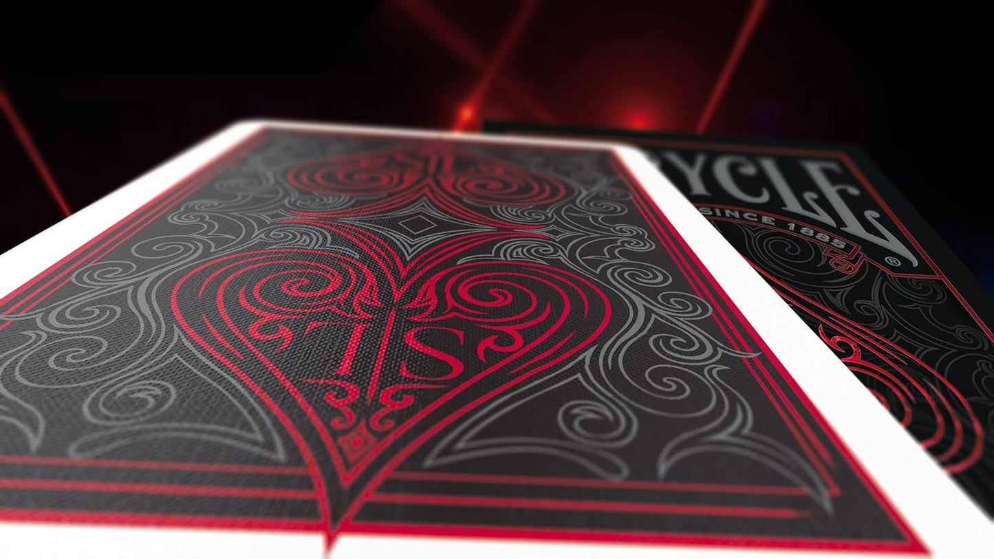 Close-up of a deck of Bicycle playing cards with red and black design.