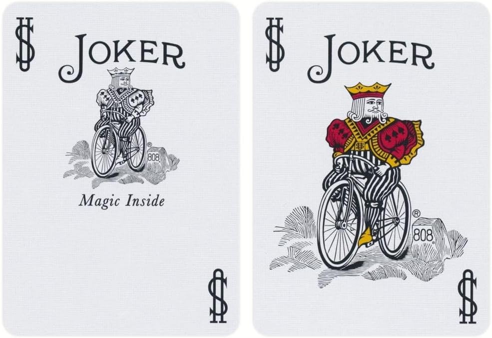 Two playing cards featuring jokers with unique designs on a white background.