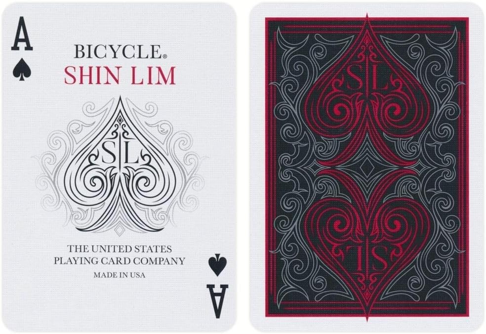 Bicycle Shin Lim playing card with red and black design on a white background