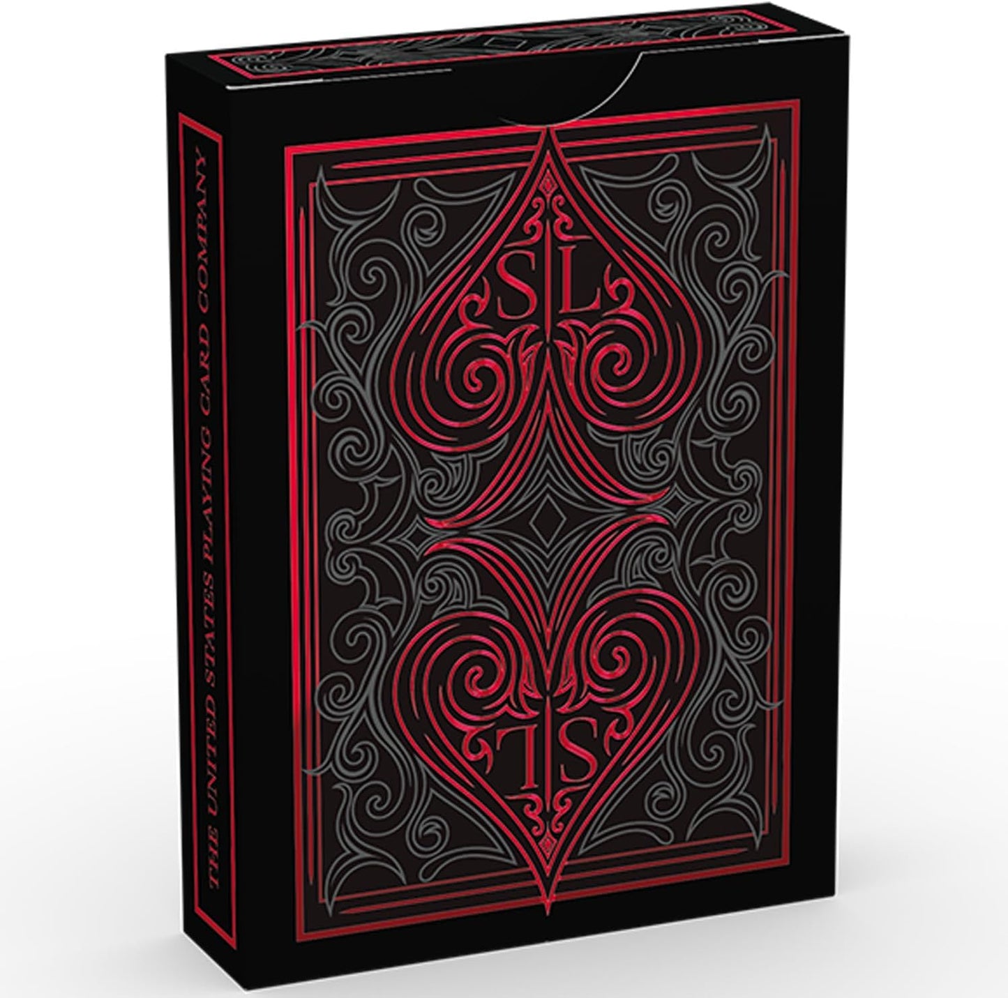Black and red playing card box with intricate designs on a white background
