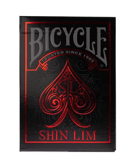Bicycle Shin Lim playing card deck box featuring a black background with red and silver foil details, including the Bicycle logo and a large spade design.