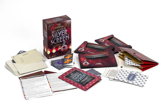 murder mystery game titled 'Secrets is the Silver Screen contents laid out on white background
