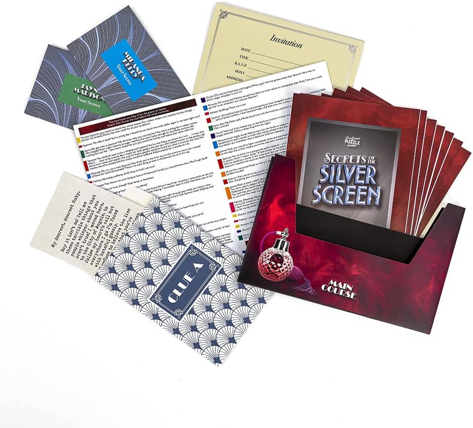 murder mystery game titled 'Secrets is the Silver Screen components