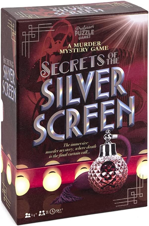 A boxed murder mystery game titled 'Secrets is the Silver Screen' with a graphic of a classic movie theater and a candelabra on the cover.