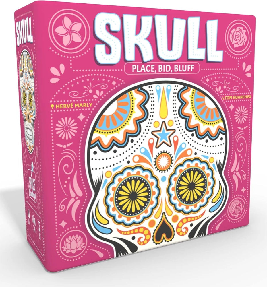 Board game box titled 'SKULL' with colourful skull design on a pink background