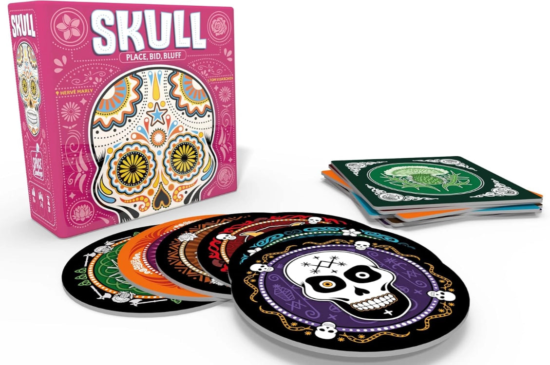 Skull card game with colourful skull designs and a pink box on a white background