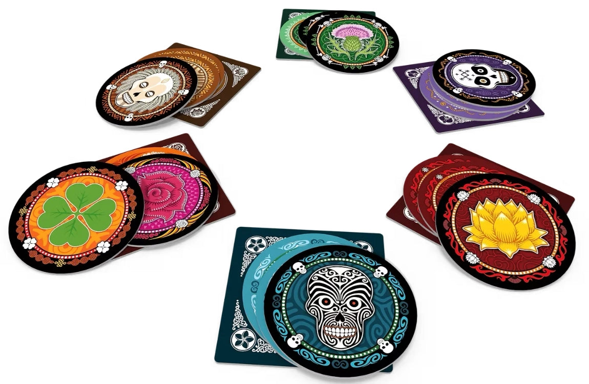 Set of colourful playing cards with various designs for Skull the card game on a white background