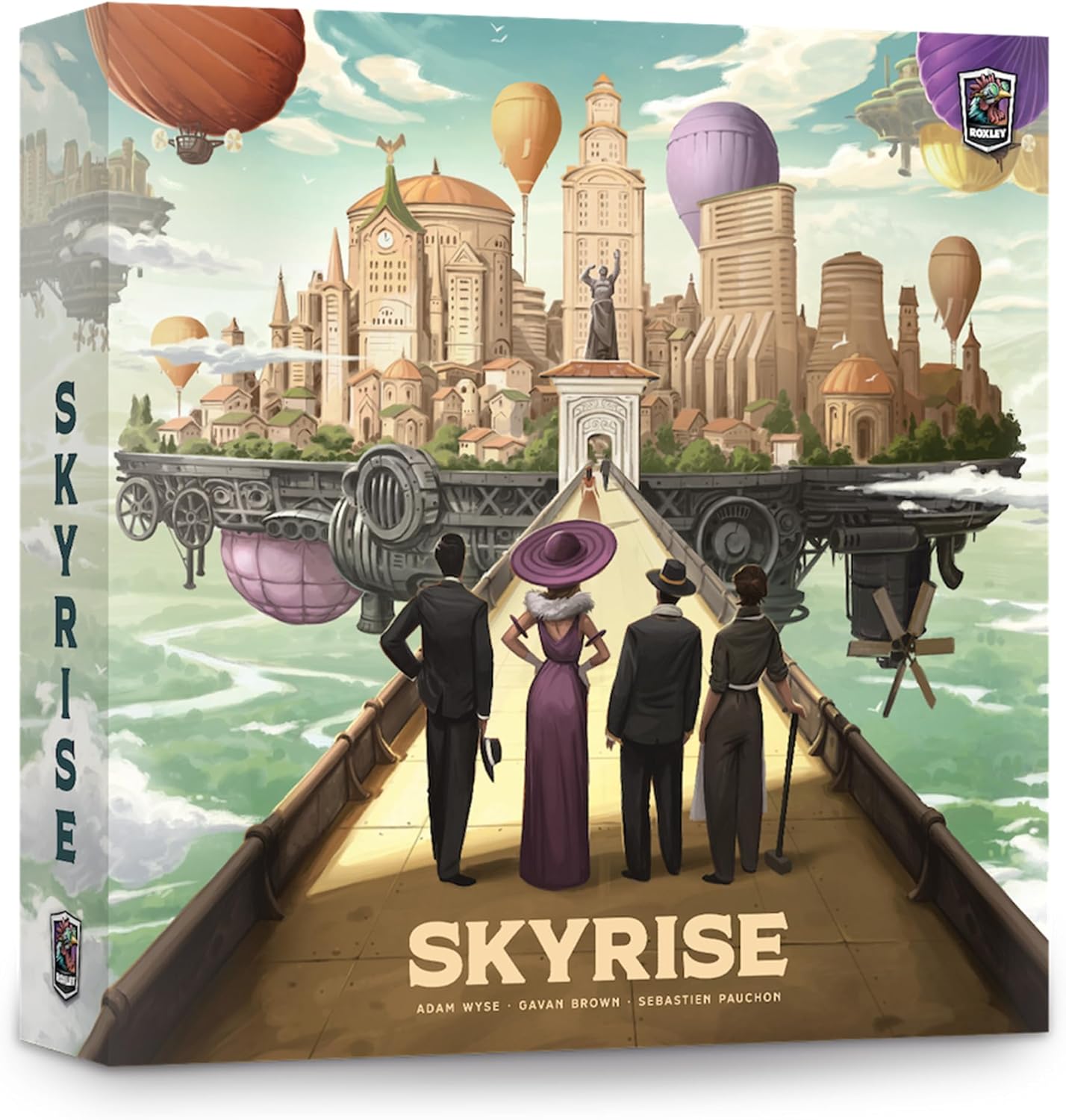 Board game box for 'Skyrise' with an illustration of a cityscape and people on a dock.