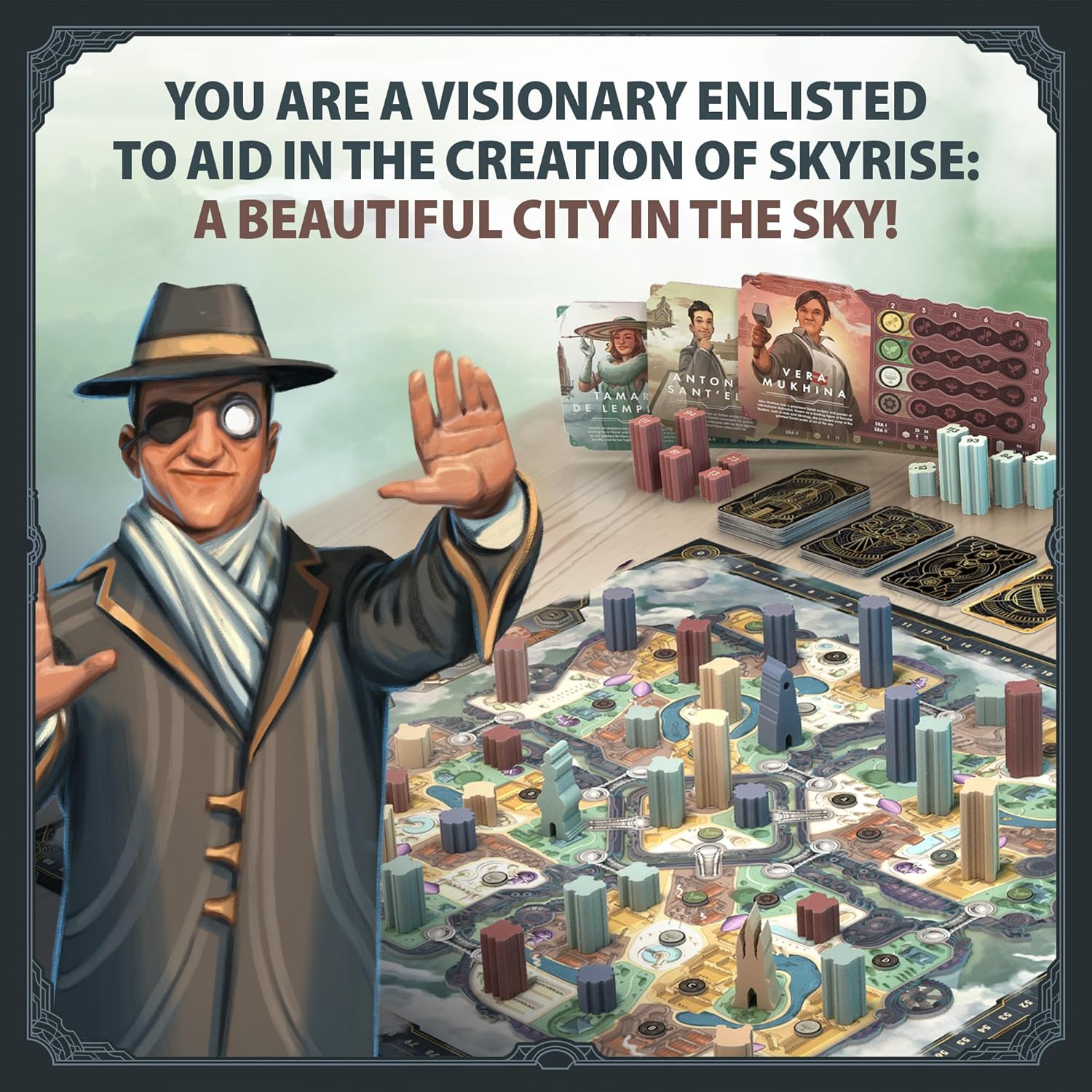 Board game setup with character and cityscape design, featuring text about creating 'Skyrise: A Beautiful City in the Sky'.