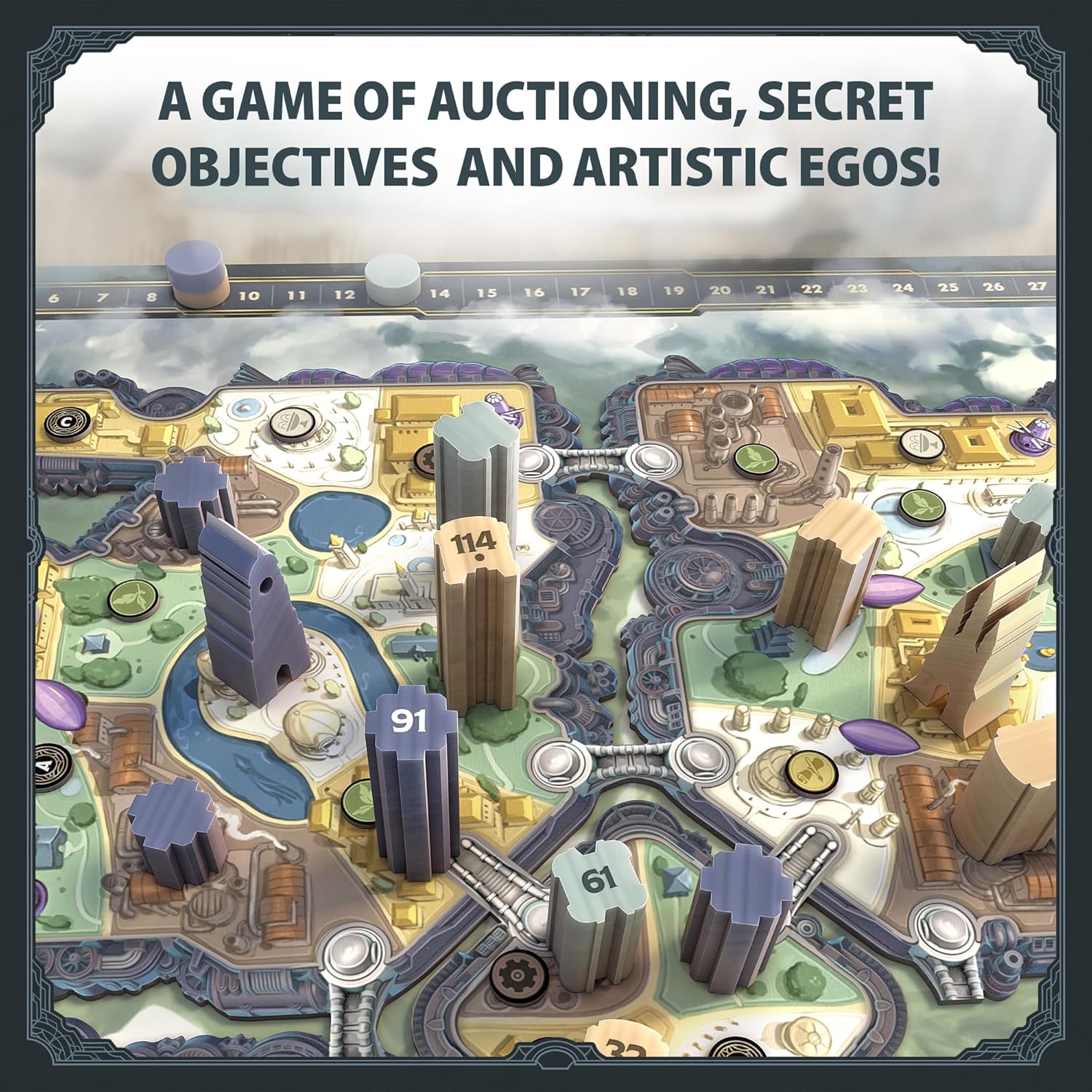 Board game setup with auctioning, secret objectives, and artistic egos text