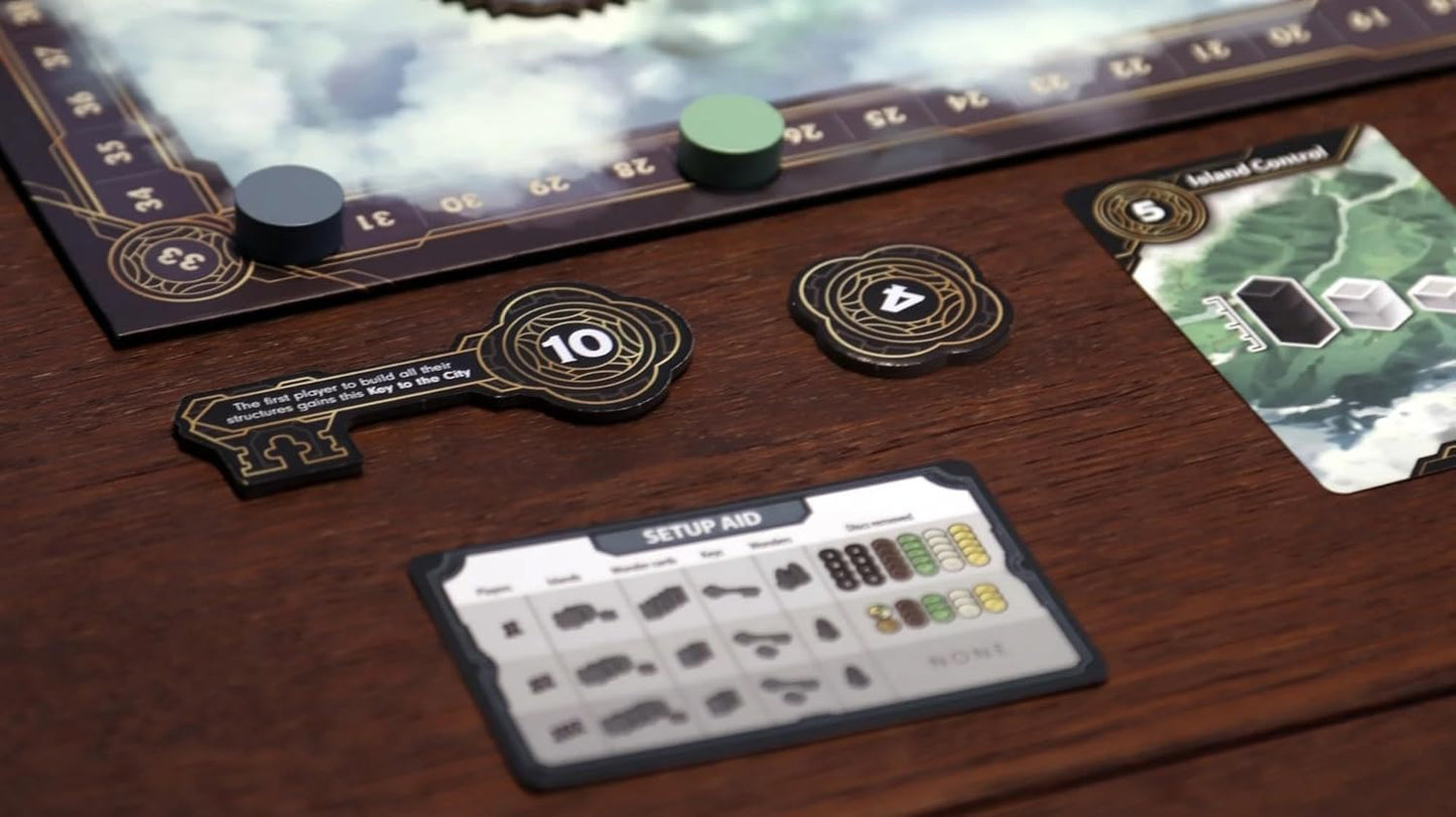 Skyrise board game components on a wooden table