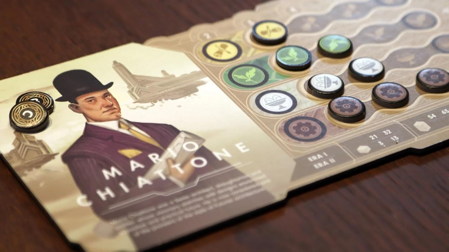 Skyrise board game component with character illustration and game pieces on a wooden surface