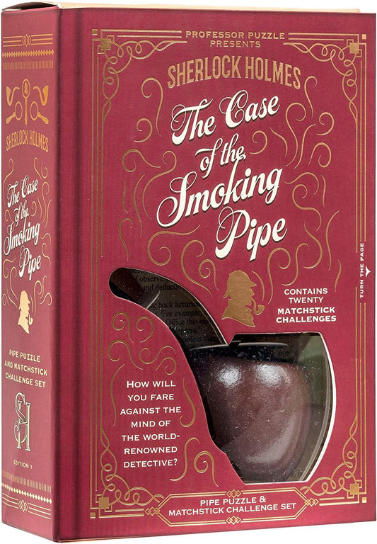 Sherlock Holmes 'The Case of the Smoking Pipe' book puzzle packaging with pipe illustration.