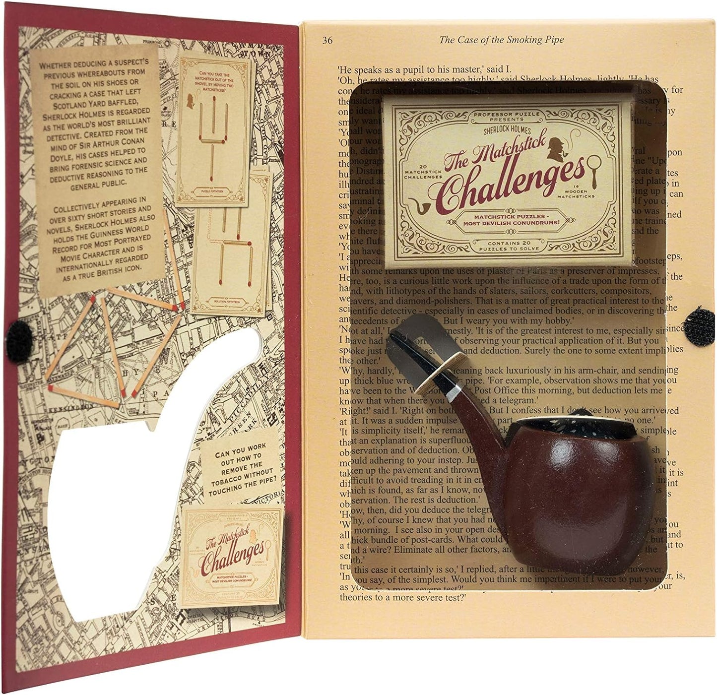 Wooden pipe in a decorative box with text and illustrations