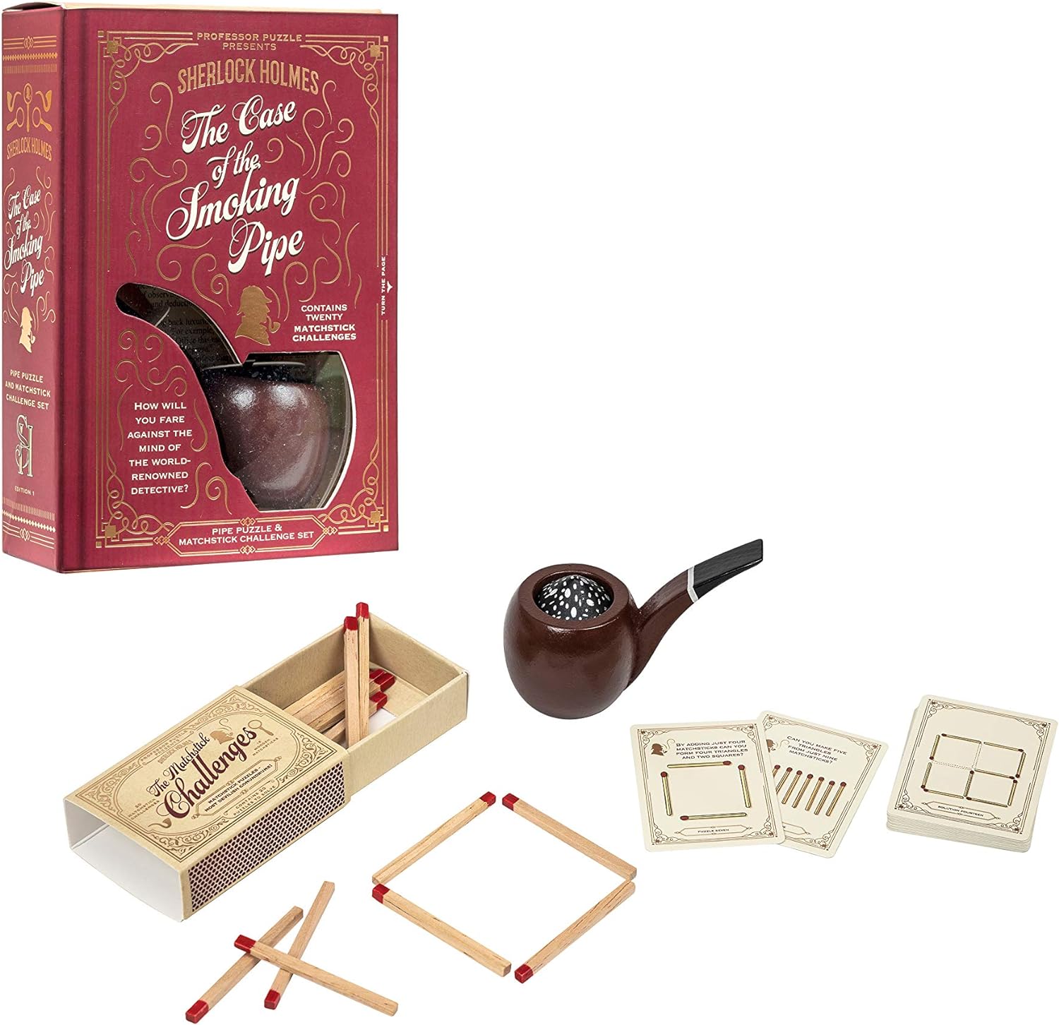 Sherlock Holmes puzzle set with smoking pipe, matches, and cards on a white background