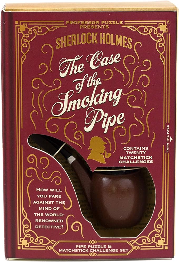 Sherlock Holmes-themed matchstick puzzle set packaging with smoking pipe illustration.