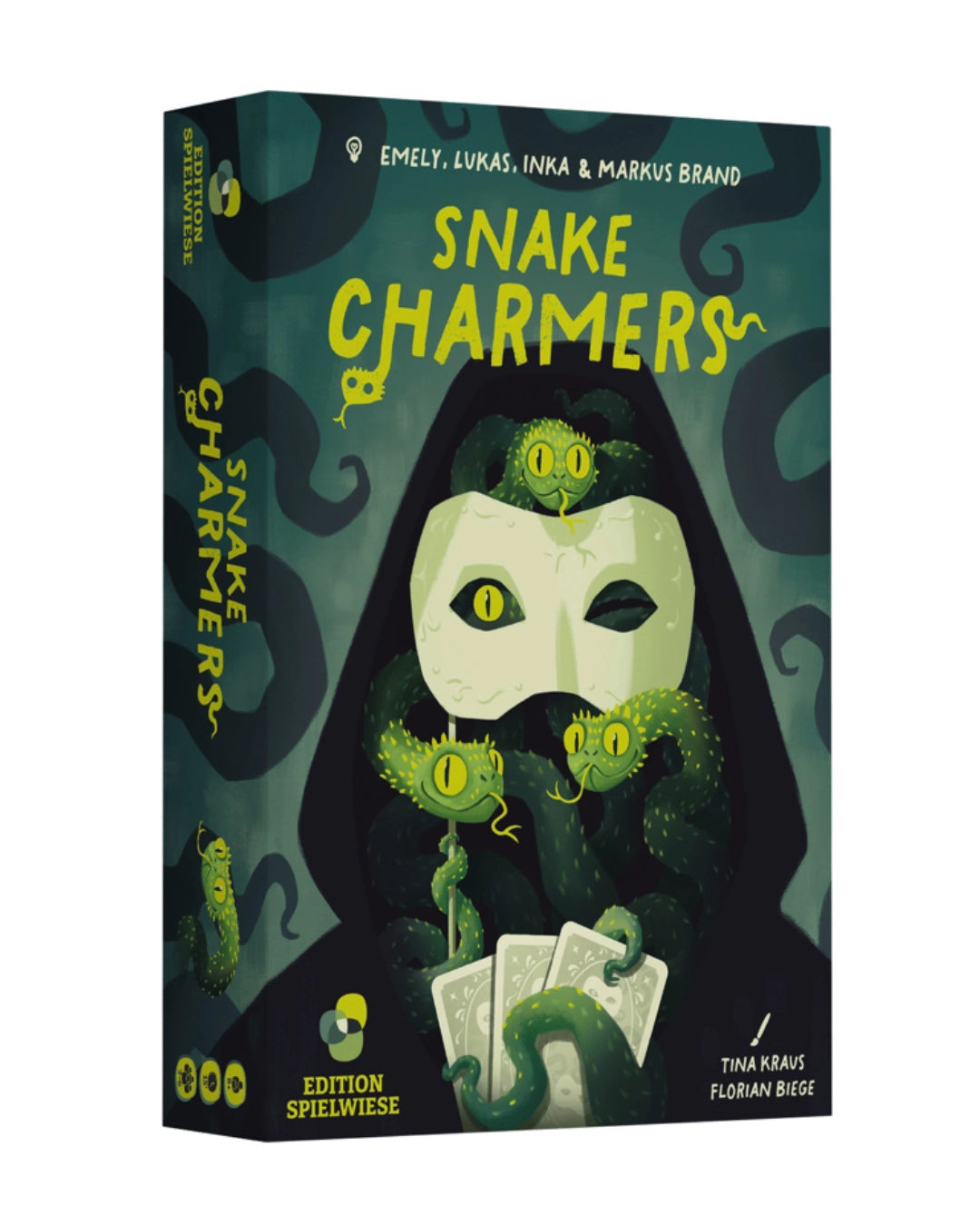 Board game box for 'Snake Charmers' with a dark green and black design featuring a mask and snakes.