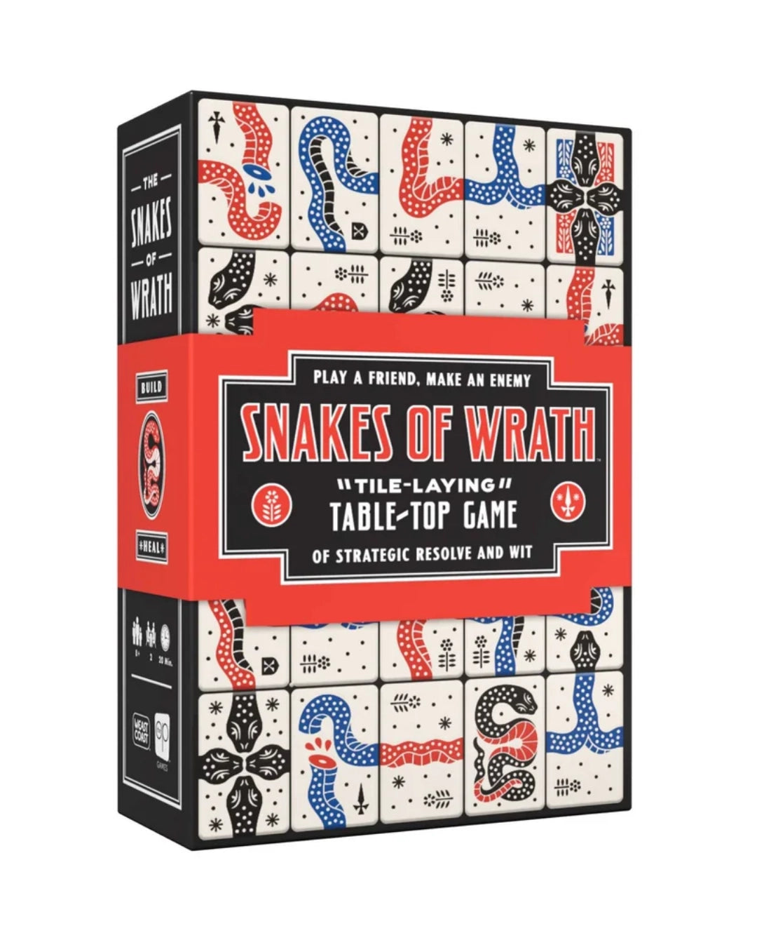 The 'Snakes of Wrath' tile-laying table-top game box, featuring a bold red central band with white text and black borders, flanked by illustrated cards with snakes in red and blue on a black background.