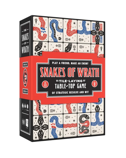 The 'Snakes of Wrath' tile-laying table-top game box, featuring a bold red central band with white text and black borders, flanked by illustrated cards with snakes in red and blue on a black background.