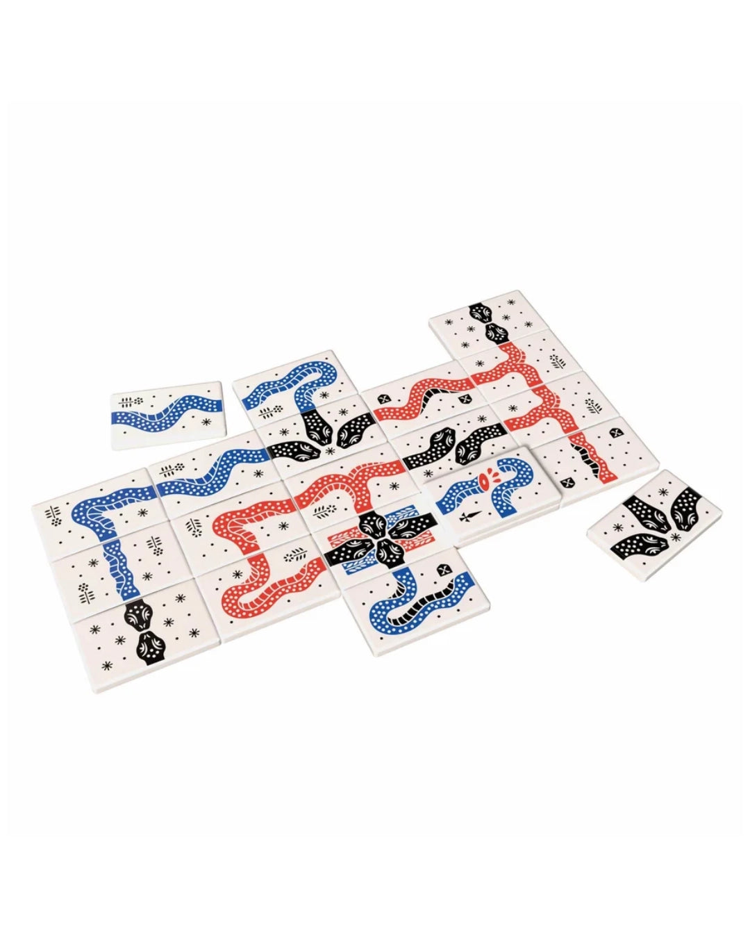 Board game Snakes of Wrath set of white square game tiles arranged on a plain white background, featuring red and blue winding paths with black spots and small printed symbols.
