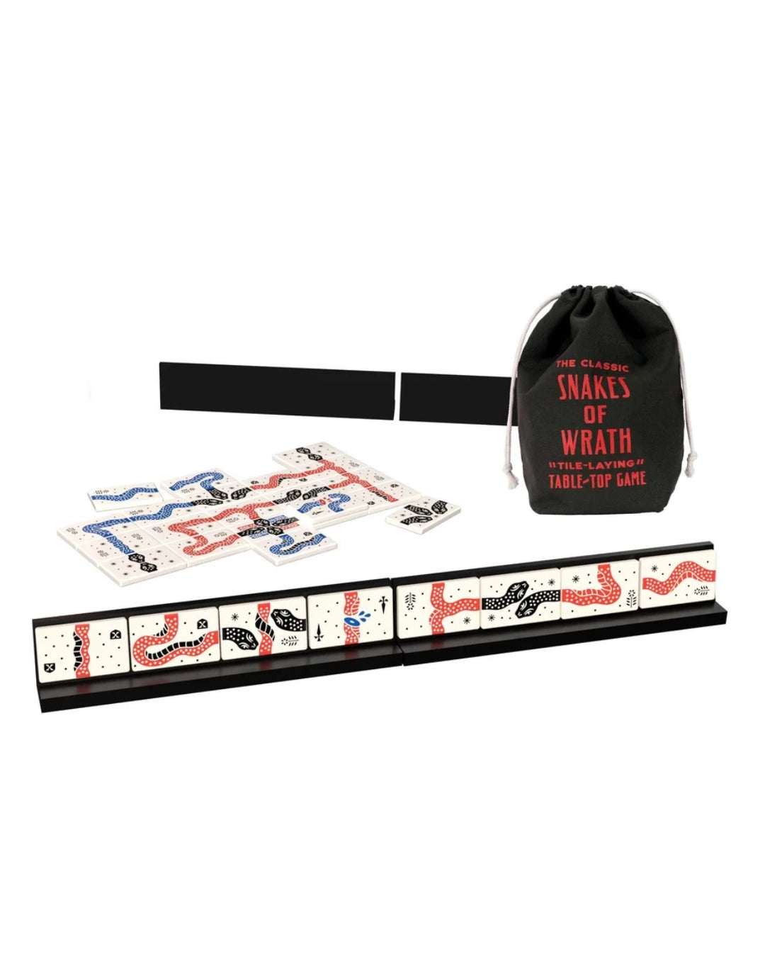 The Classic Snakes of Wrath tabletop game set, featuring a black game box, a black drawstring bag with red text, playing cards, and a black board with red and black snakes, all displayed on a clean white background.