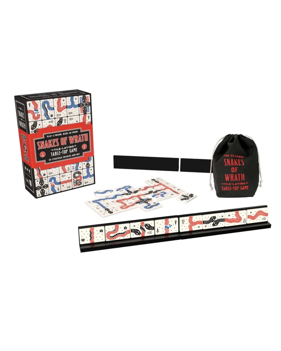 Snakes of Wrath card game set with its illustrated box, a black drawstring bag, a black track board, and several cards on a plain white background.
