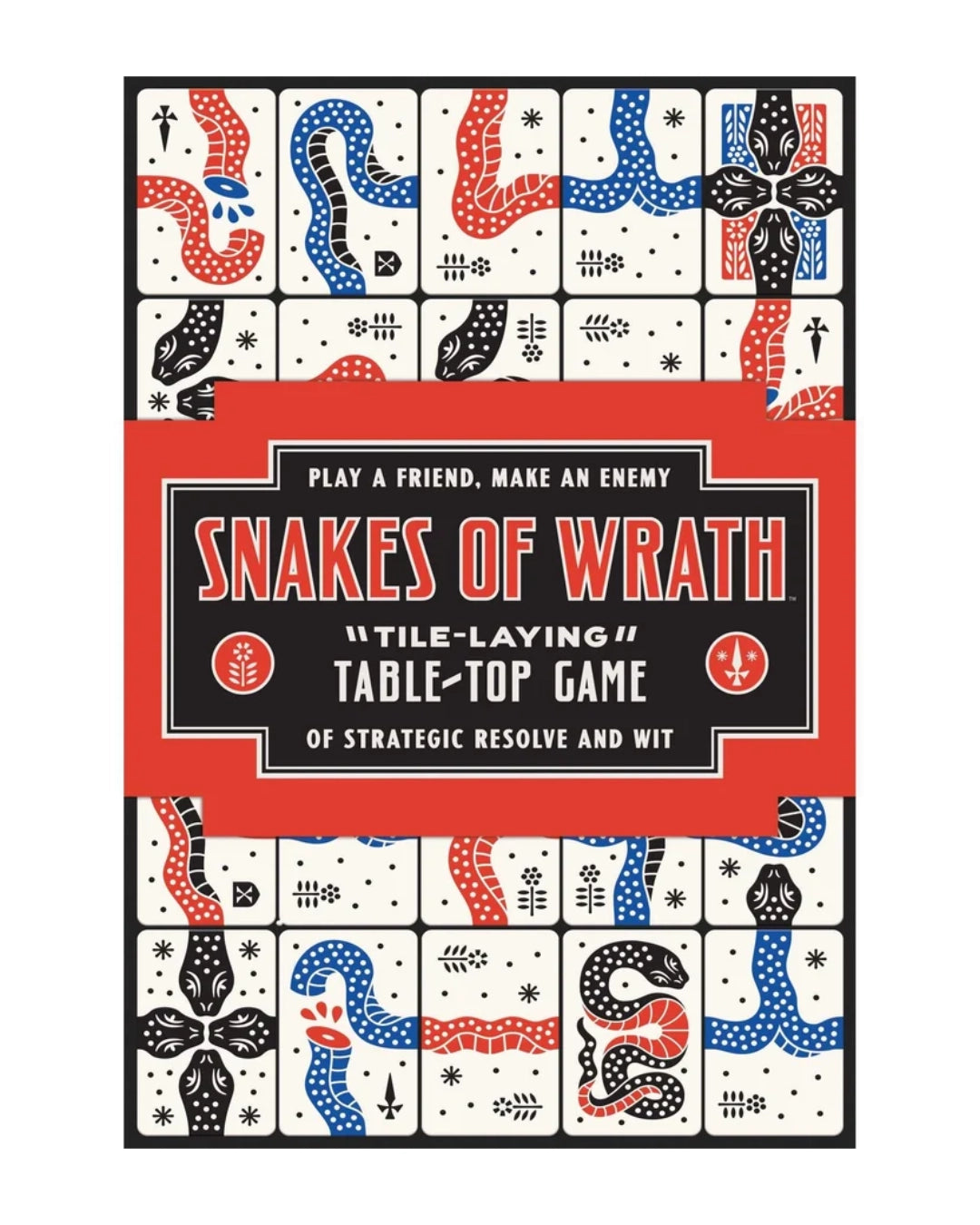 Front cover of the board game Snakes of Wrath, featuring a red central title band with white and red lettering, and illustrated playing cards with snakes arranged around the top and bottom on a black background.