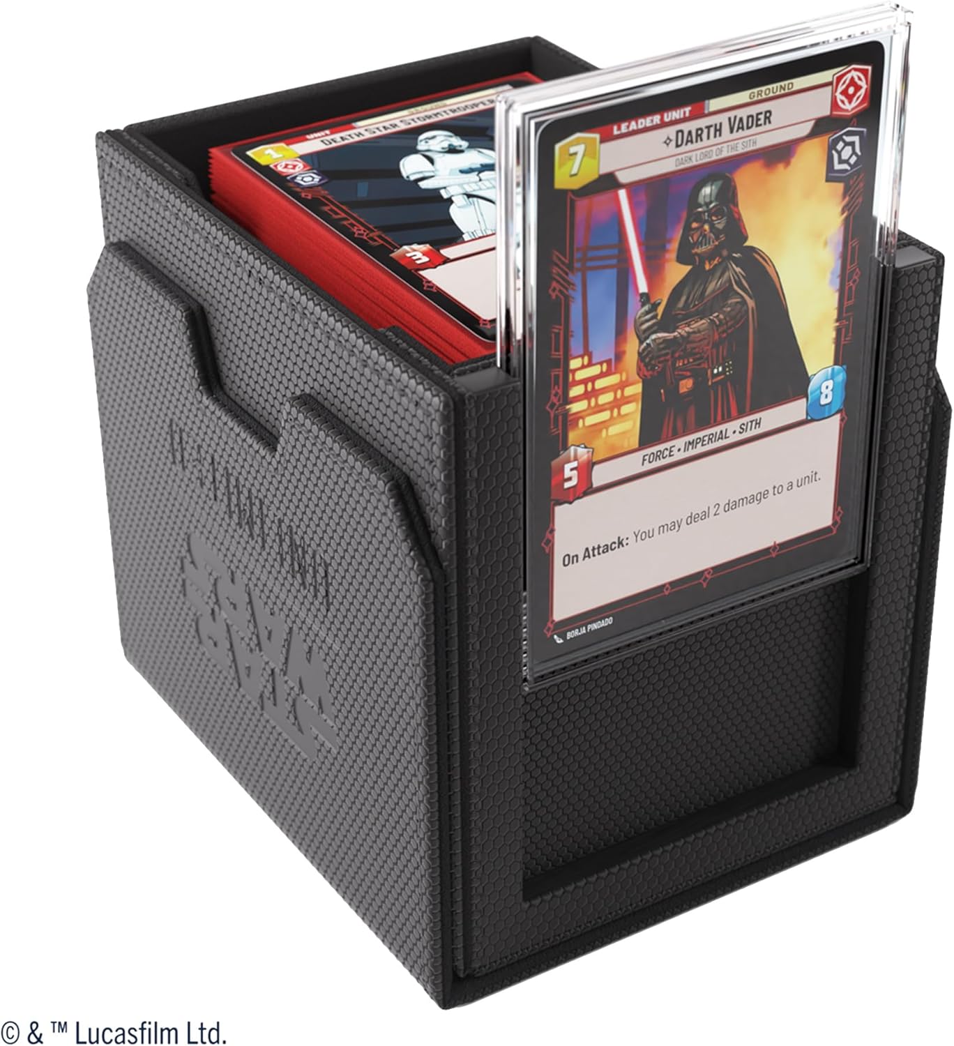 Star Wars: Unlimited Deck Pod - Black with trading cards featuring Darth Vader from Star Wars on a white background