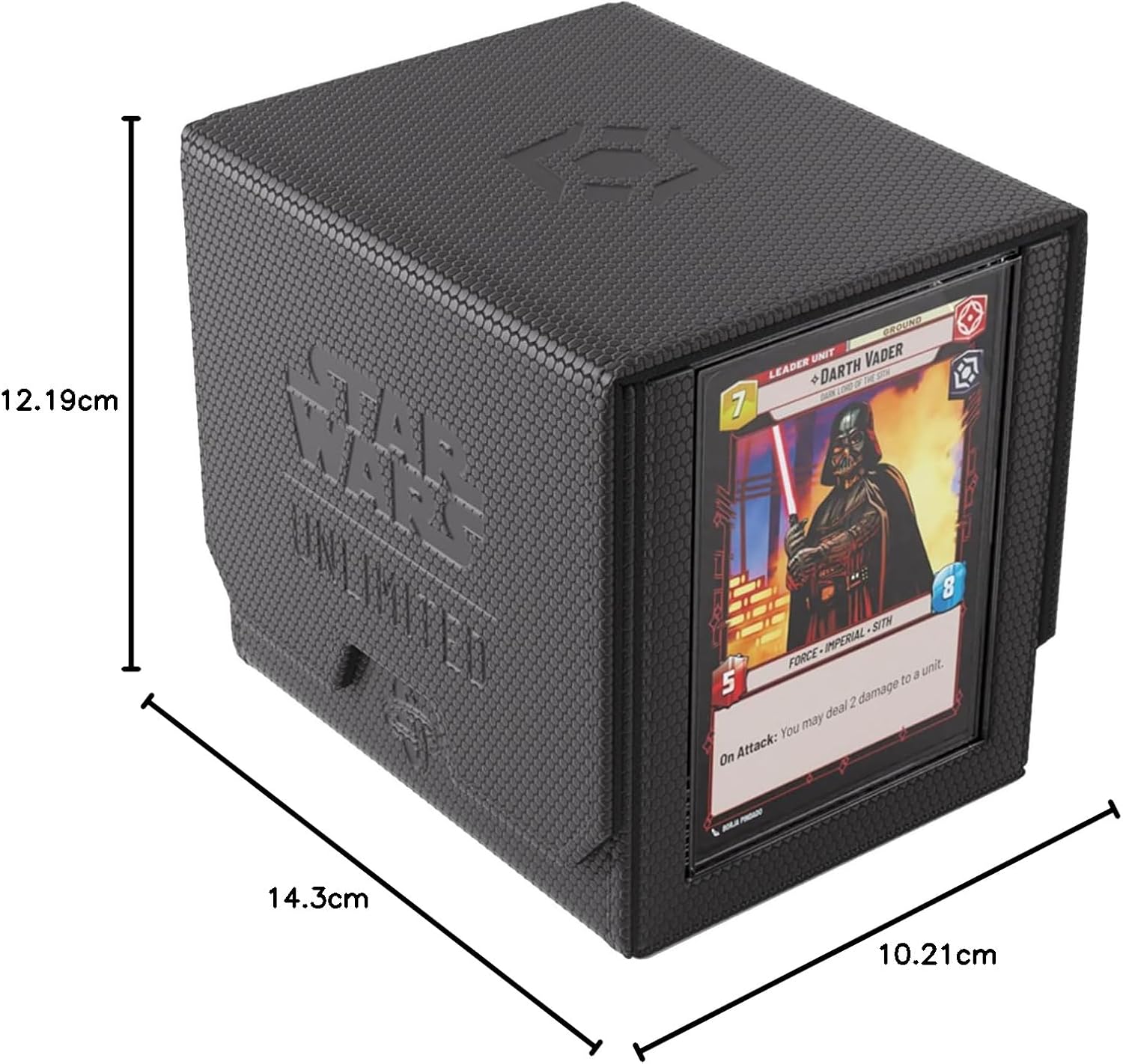 Star Wars: Unlimited Deck Pod - Black with Darth Vader card and measurements on a white background