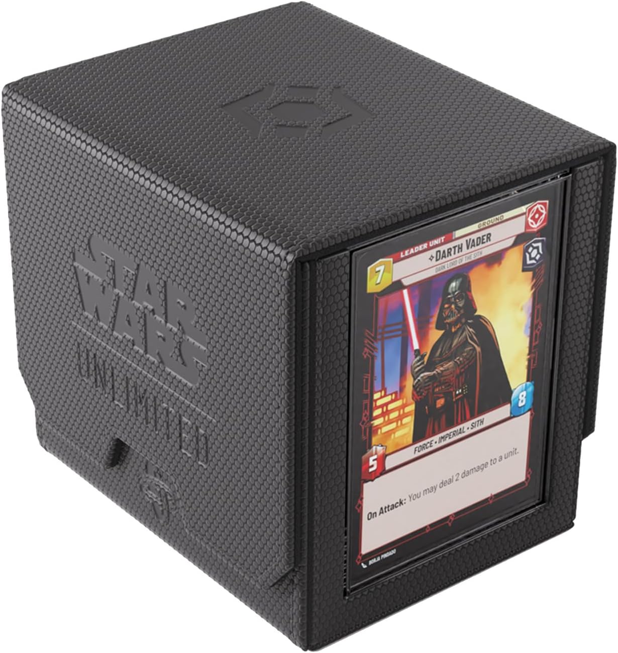 Star Wars: Unlimited Deck Pod - Black with a card featuring Darth Vader from Star Wars on a white background