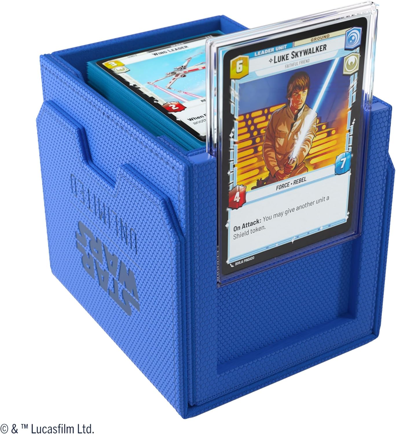 Star Wars: Unlimited Deck Pod - Blue with a Star Wars trading card featuring Luke Skywalker.