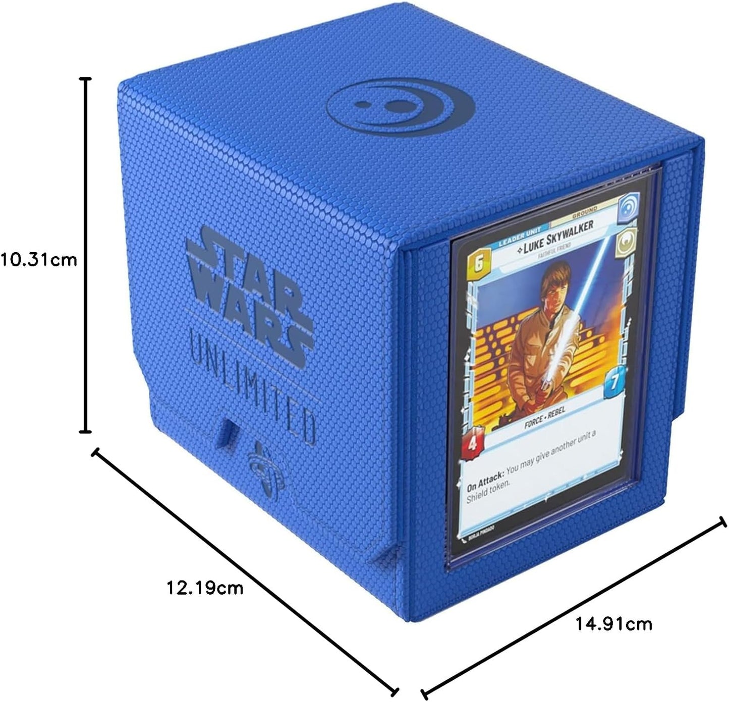 Star Wars: Unlimited Deck Pod - Blue with a card featuring 
Luke Skywalker with dimensions indicated.
