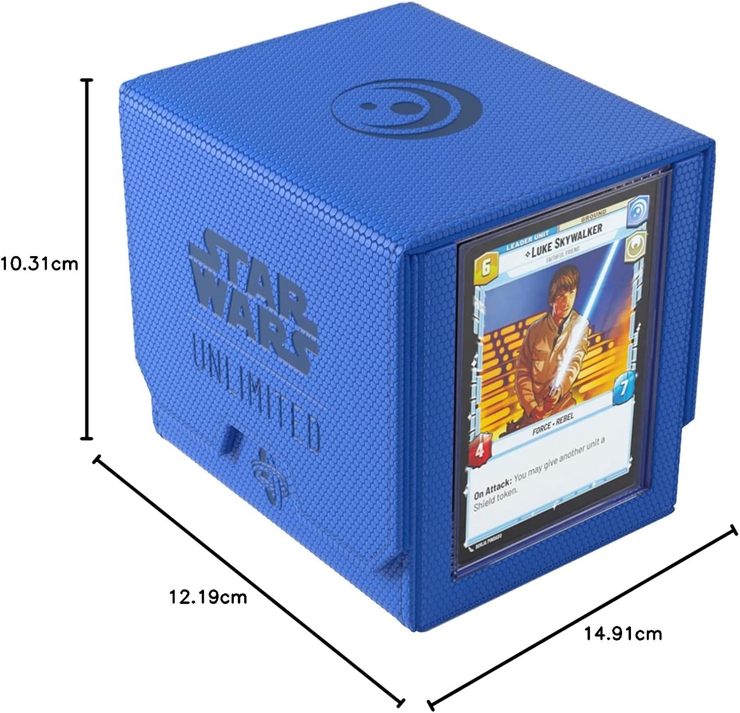 Star Wars: Unlimited Deck Pod - Blue with a card featuring 
Luke Skywalker with dimensions indicated.