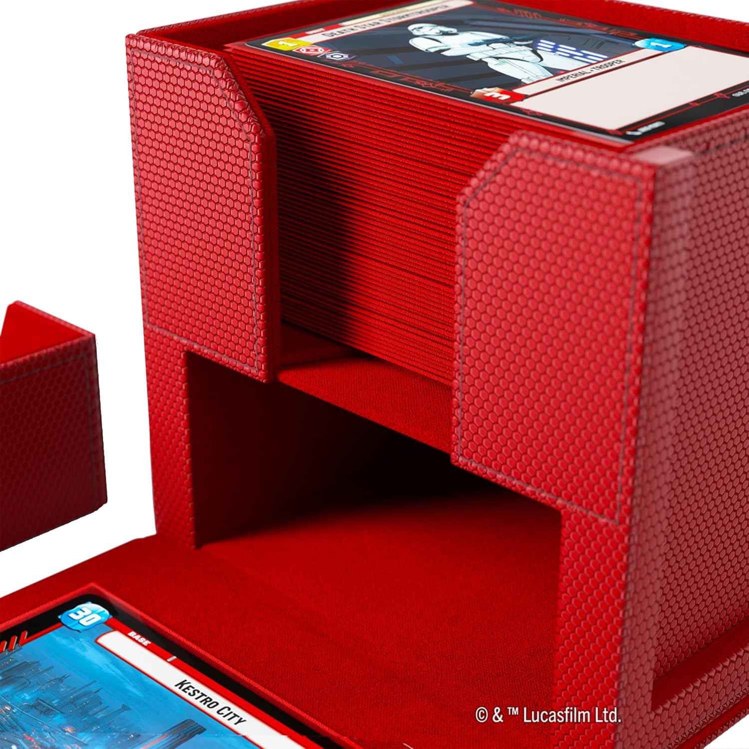 Star Wars: Unlimited Deck Pod - Red textured card holder with cards inside on a white background