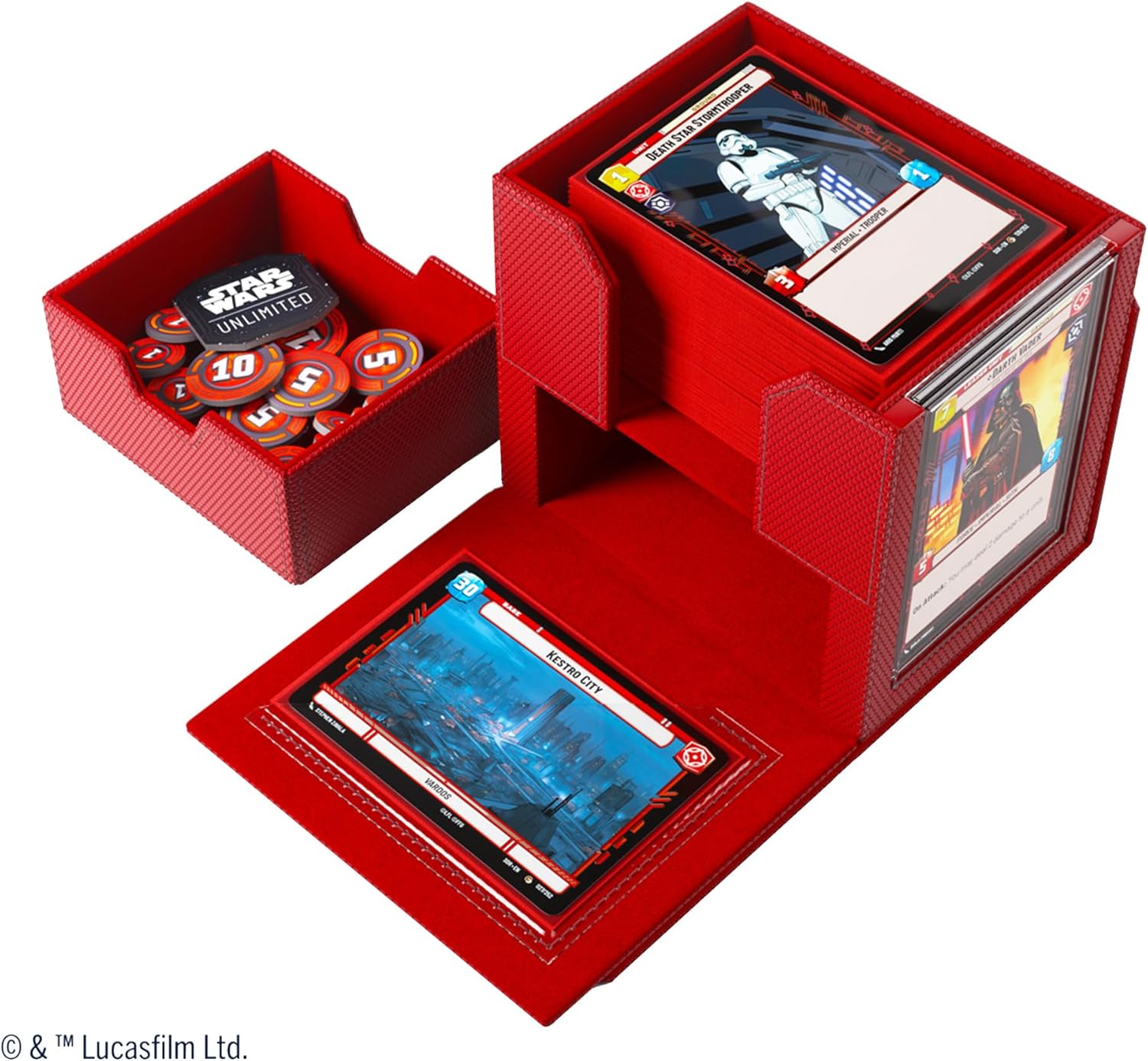 Star Wars: Unlimited Deck Pod - Red with compartments for trading cards, featuring Star Wars branding.