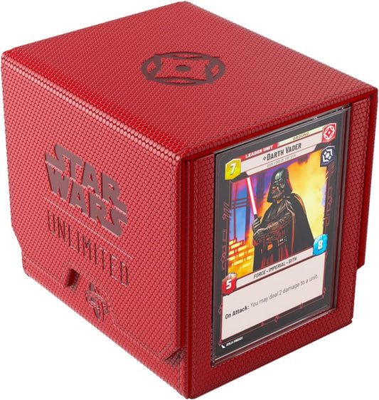 Star Wars: Unlimited Deck Pod - Red with a card featuring Darth Vader.