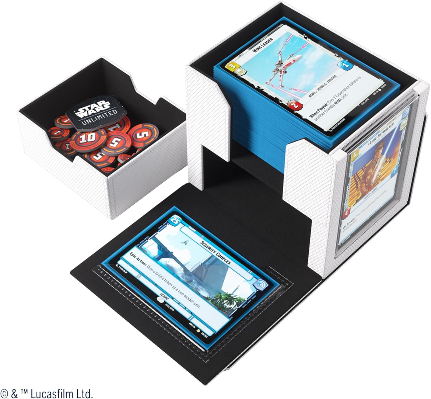 Star Wars: Unlimited Deck Pod - White/Black with multiple card slots and a tokens box displayed
