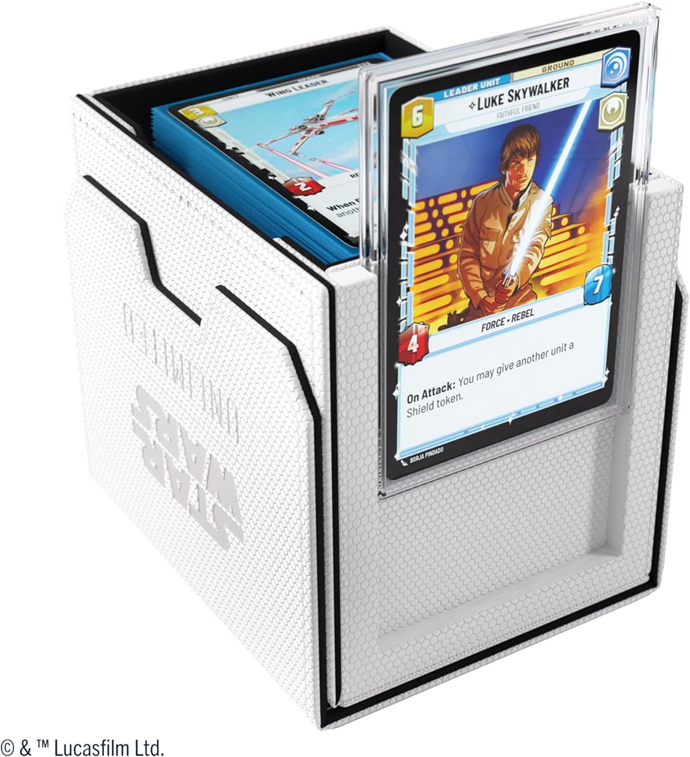 Star Wars: Unlimited Deck Pod - White/Black with a card featuring Luke Skywalker from Star Wars on a white background
