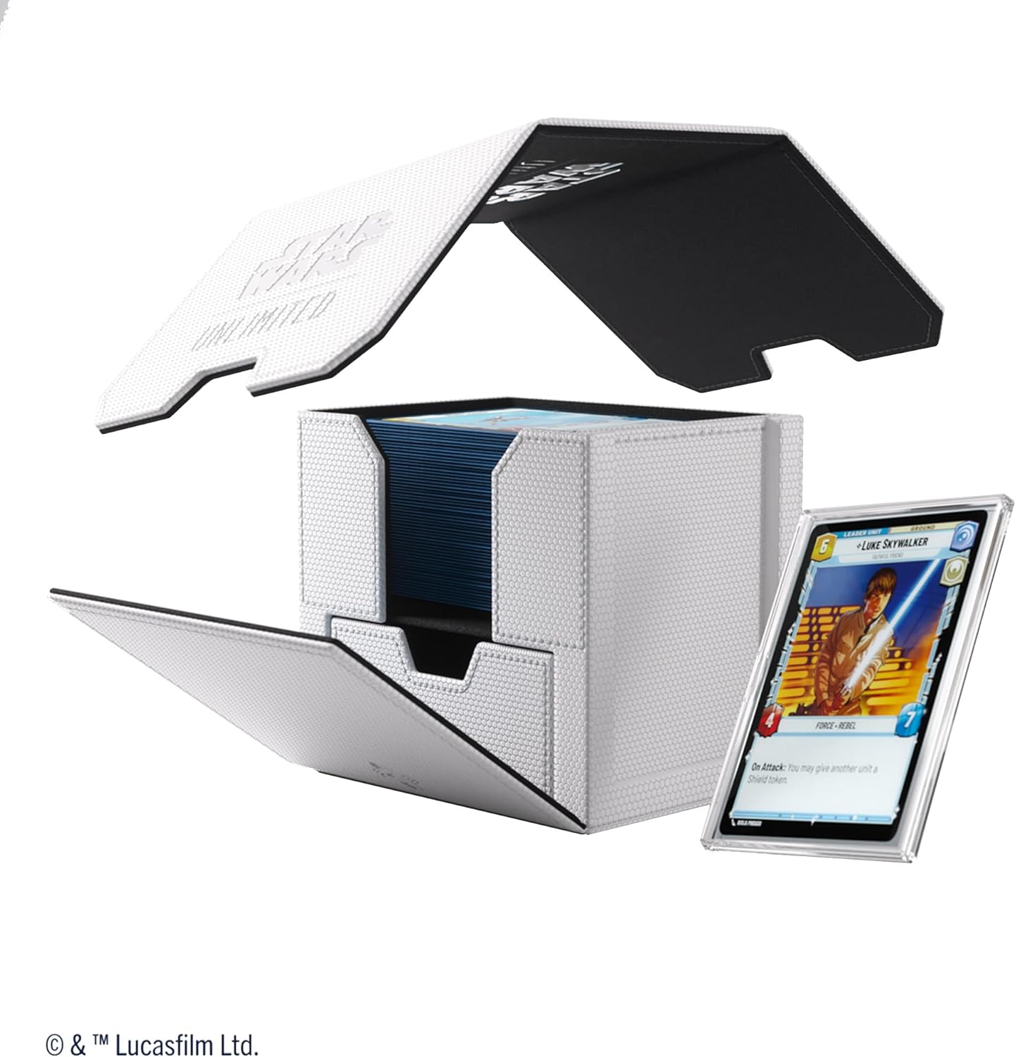 Star Wars: Unlimited Deck Pod - White/Black with a card displayed on a white background.